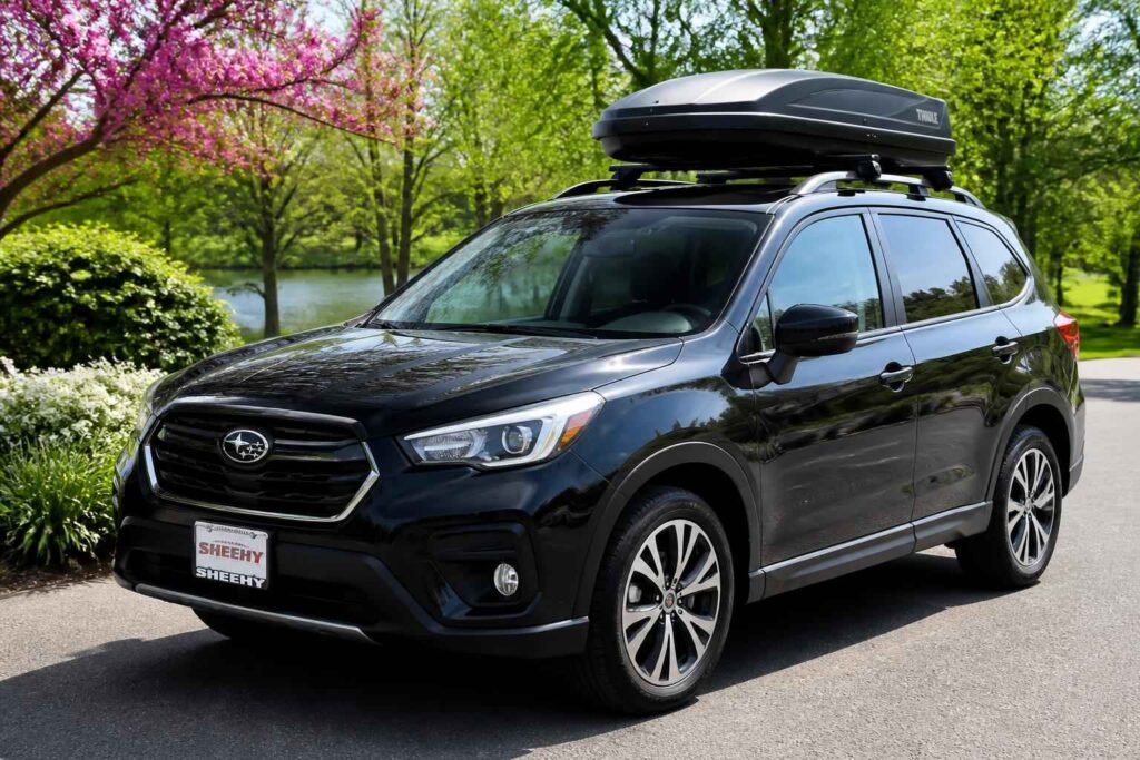 Czarny Subaru Outback z boksem dachowym Czarny Subaru Outback z boksem dachowym zaparkowany na alejce w zielonym parku