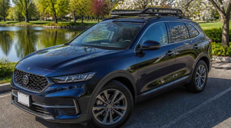 Granatowy SUV z bagażnikiem dachowym zaparkowany przy stawie w parku