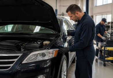 Mechanik w kombinezonie sprawdza samochód z otwartą maską w warsztacie samochodowym