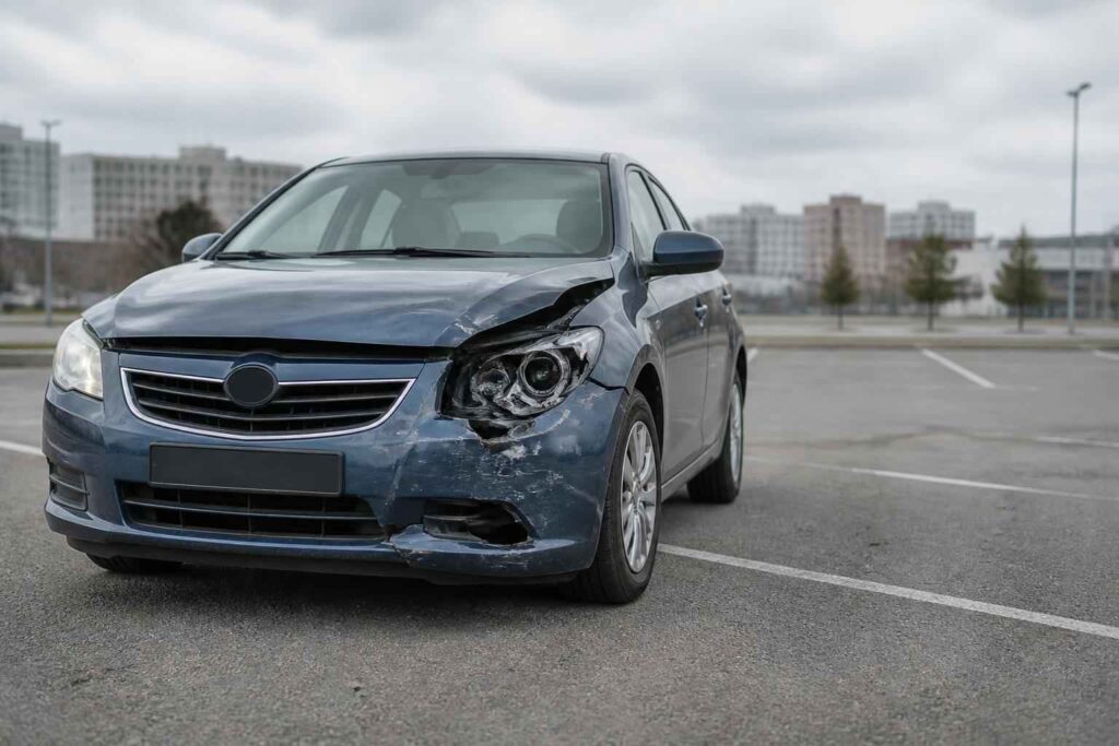 Samochód po kolizji na pustym parkingu Granatowy sedan z rozbitym prawym reflektorem i uszkodzonym przodem na parkingu wśród miejskiej zabudowy