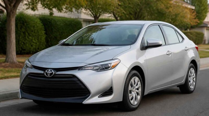 Srebrna Toyota Corolla zaparkowana na ulicy w otoczeniu drzew i zieleni miejskiej
