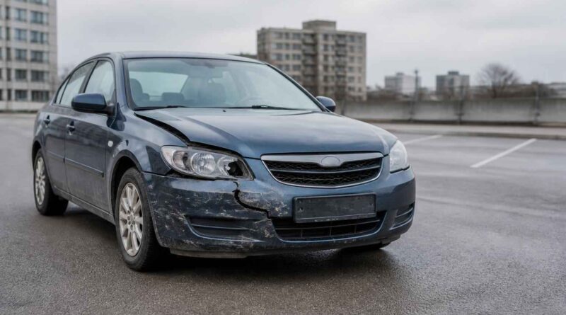 Uszkodzony niebieski samochód osobowy z wgniecionym przednim zderzakiem na parkingu na tle bloków mieszkalnych